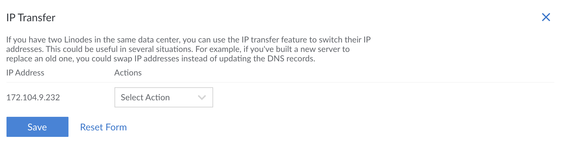 The IP Transfer menu in Cloud Manager